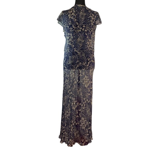 Lauren Ralph Lauren Sheer Floral Maxi Dress Blue & Beige Size 6 100% Silk Button - Picture 1 of 16